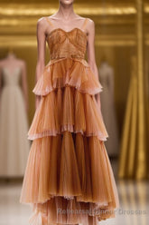 Brown tulle long Semi Formal Prom dress, evening dress